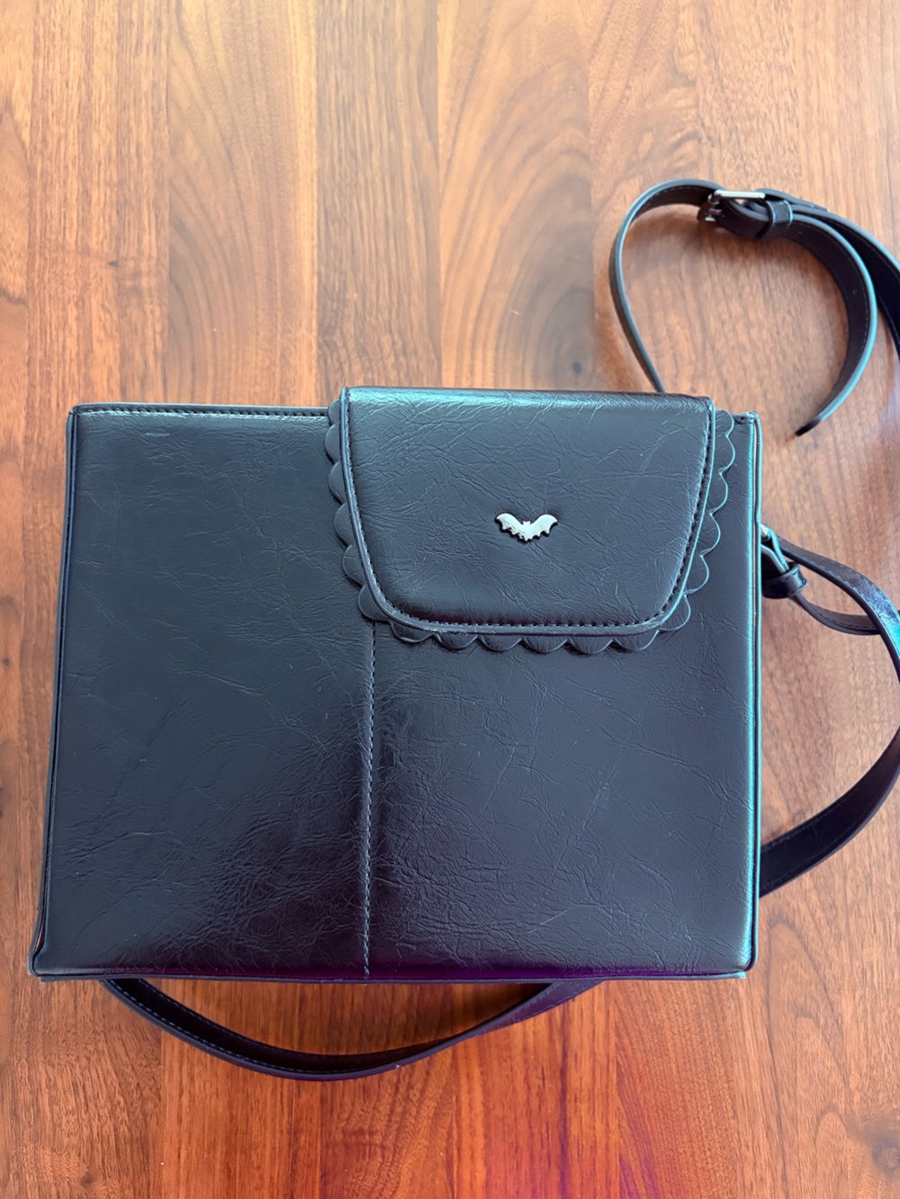 Kate Gabrielle Black Scallop-Trim Crossbody Bag with Bat Accent